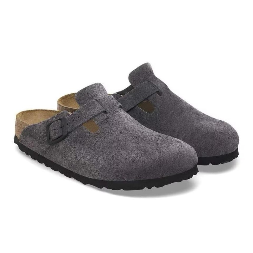 Grey suede Birkenstock Boston clogs